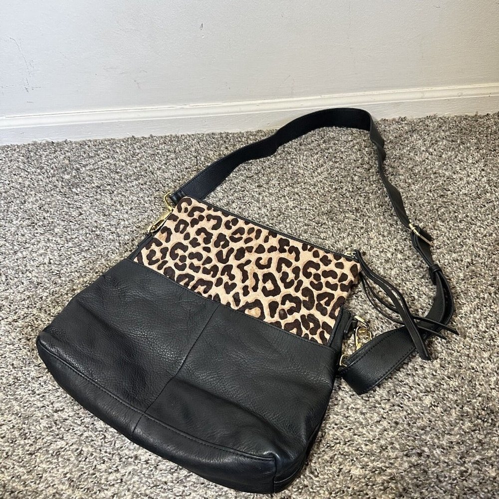 MARGOT Black Soft Leather leopard hairon Crossbody Bag Adjustable Strap hobo